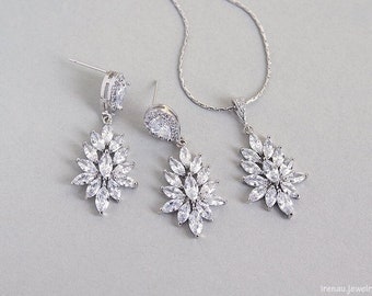 Kristall Hochzeit Schmuck-Set, Marquise Tropfen Braut Ohrringe und Halskette Set Strass Silber baumeln Kronleuchter Ohrring Art-Deco-Hochzeit