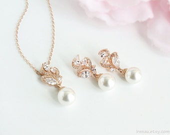 Rose gold jewelry set, CZ pearl bridal set, wedding pearl jewelry cubic zirconia earrings and necklace, rose gold classic elegant jewelry