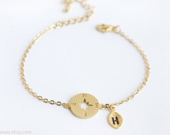 Compass bracelet, personalized initial gold compass bracelet dainty gold chain bracelet delicate modern adjustable bracelet Nautical jewelry