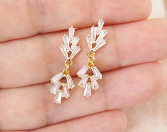 Art Deco Ohrringe, Gold Fächer Ohrringe, Gold CZ Ohrringe, Boho Braut Ohrringe, Art Deco Hochzeit, Boho Tropfen Ohrringe, Boho Hochzeit, Rechteck