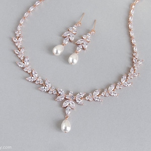 Rose gold bridal jewelry set, Wedding necklace and earrings set, CZ Crystal pearl bridal set, Y necklace and dangle earrings Wedding jewelry