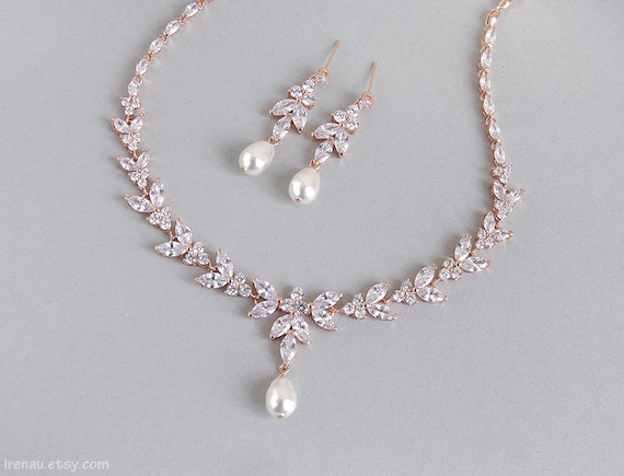 Rose gold bridal jewelry set, Wedding necklace and earrings set, CZ Crystal pearl bridal set, Y necklace and dangle earrings Wedding jewelry