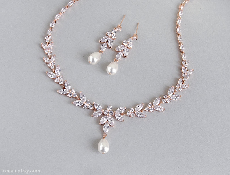 Rose gold bridal jewelry set, Wedding necklace and earrings set, CZ Crystal pearl bridal set, Y necklace and dangle earrings Wedding jewelry image 1