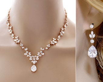 Ensemble de bijoux de mariée, ensemble de mariée en cristal d’or rose, collier de mariage et ensemble de boucles d’oreilles, collier en Y et boucles d’oreilles pendantes bijoux de mariage vintage