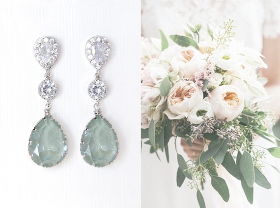 earrings for sage green dress Sage Green Bridal Earrings, Light Green Teardrop Crystal Earrings, Dusty  Green Wedding Jewelry Pale Green Sage CZ Posts Dangle Earrings