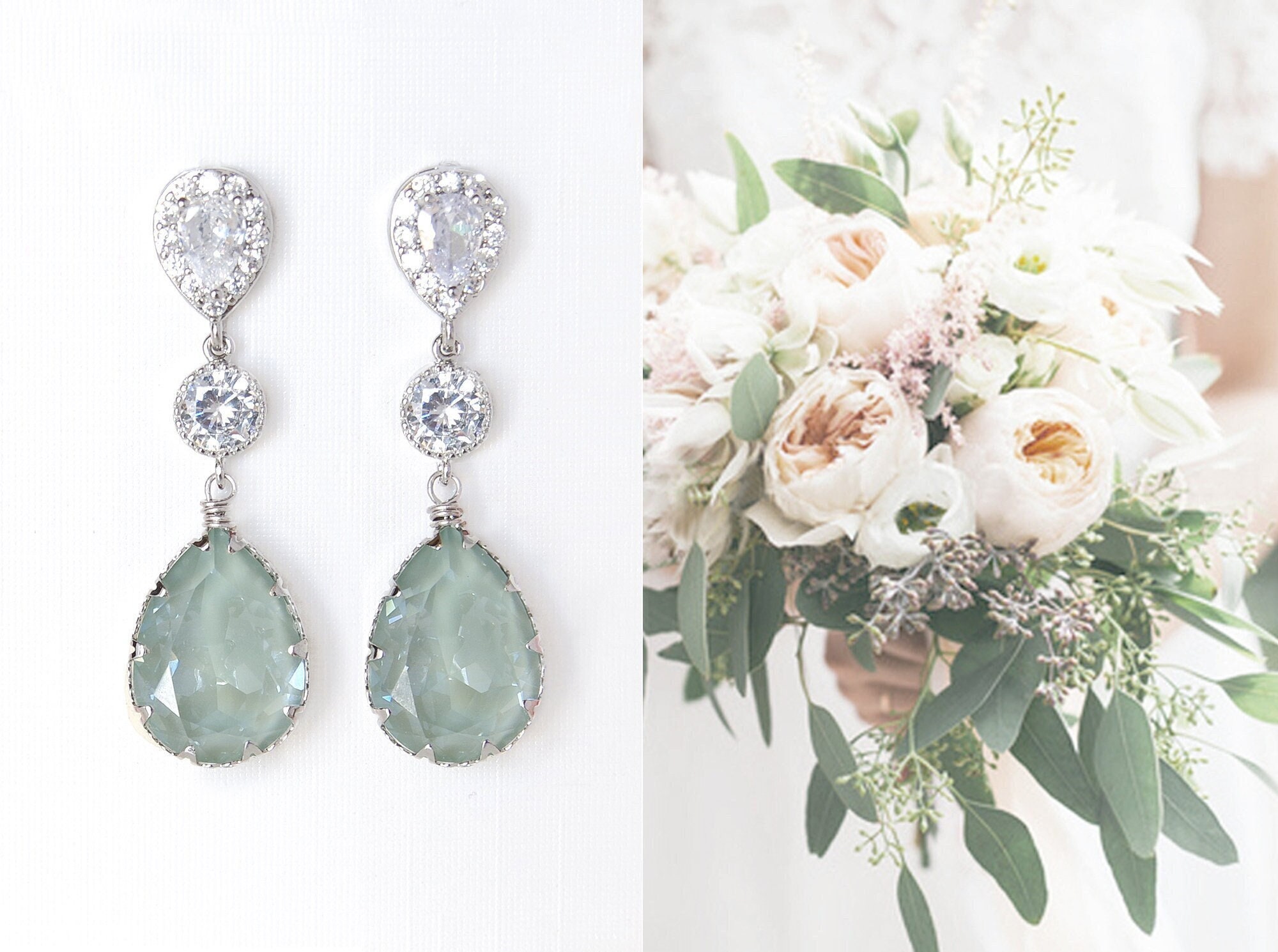 earrings for light green dress Sage Bridal Earrings, Green Teardrop Crystal Earrings, Dusty Green Wedding Jewelry Pale Green Sage CZ Posts Dangle mint green dress matching earrings