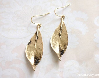 Long leaf earrings, Gold dangle leaf earrings, Nature inspired modern everyday earrings, Woodland gold leaf drop earrings black patina