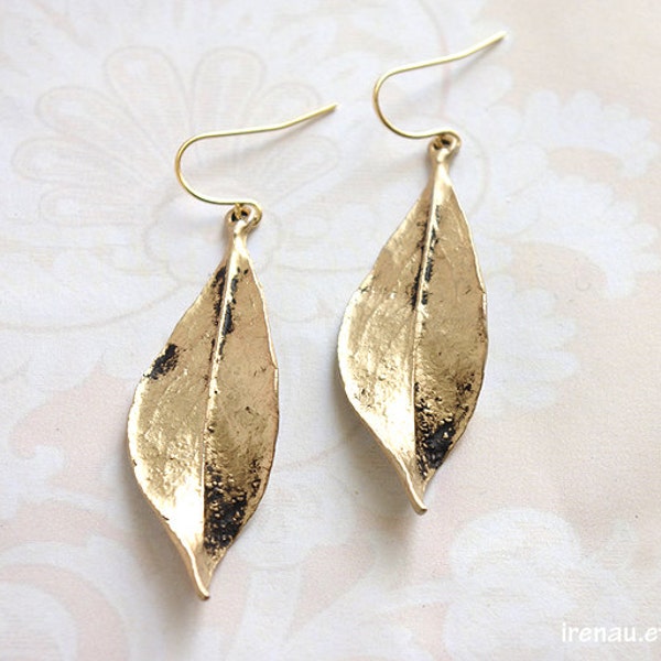 Long leaf earrings, Gold dangle leaf earrings, Nature inspired modern everyday earrings, Woodland gold leaf drop earrings black patina