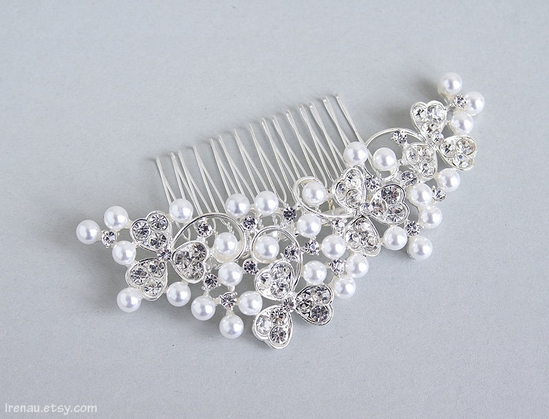 Swarovski pearl wedding hair comb, Crystal bridal hear comb, Swarovski silver flower comb Rhinestone Headpiece floral bridal accessories