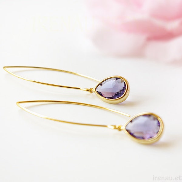 Purple amethyst drop earrings, Gold amethyst teardrop earrings, Purple long dangle earrings,  February birthstone, christmas gift for her