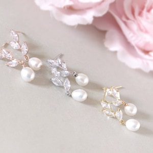Bridal pearl earrings, Rose gold drop earrings, Crystal earrings, Wedding pearl earrings, Freshwater pearl drop earrings, Real pearl earring zdjęcie 3