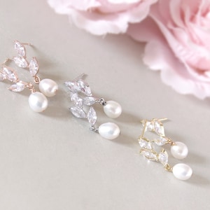 Boucles d'oreilles de mariée en perles, boucles d'oreilles en or rose, boucles d'oreilles en cristal, boucles d'oreilles de mariage en perles, boucles d'oreilles en perles d'eau douce, boucle d'oreille en vraies perles image 3