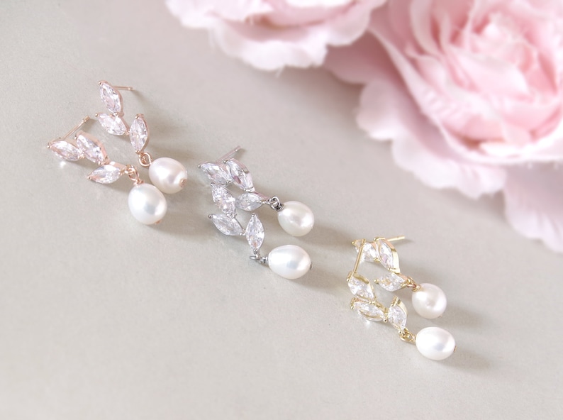 Bridal pearl earrings, Rose gold drop earrings, Crystal earrings, Wedding pearl earrings, Freshwater pearl drop earrings, Real pearl earring zdjęcie 3