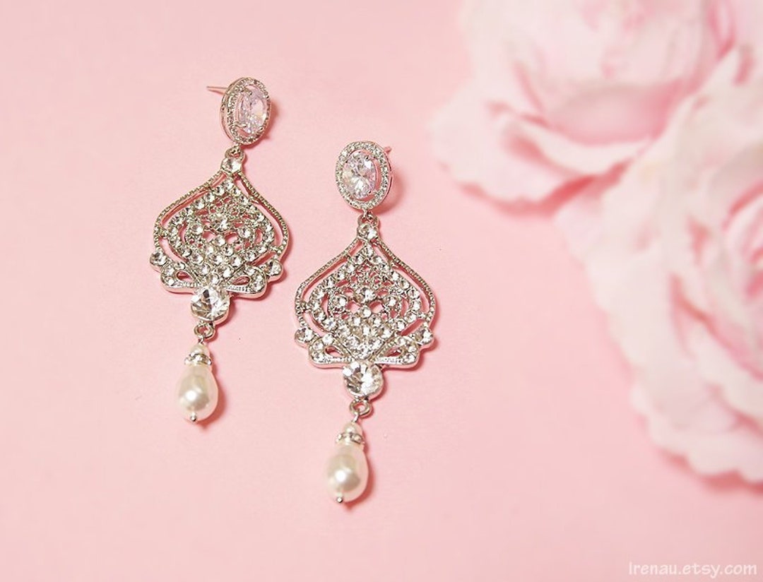 Bridal Pearl Earrings Wedding Chandelier Earrings Swarovski Etsy