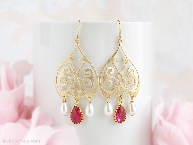 Fuchsia Gold Chandelier Earrings White Pearl Filigree Large Etsy