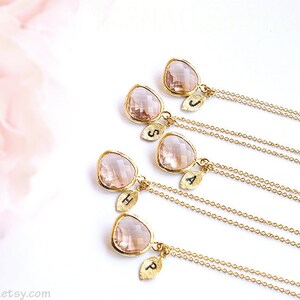 Bridesmaid gifts Set of 5 4 3 6 7 8 9 10 Personalized bridesmaid necklace Leaf initial, Gold Champagne necklace, Monogram peach pendant image 3