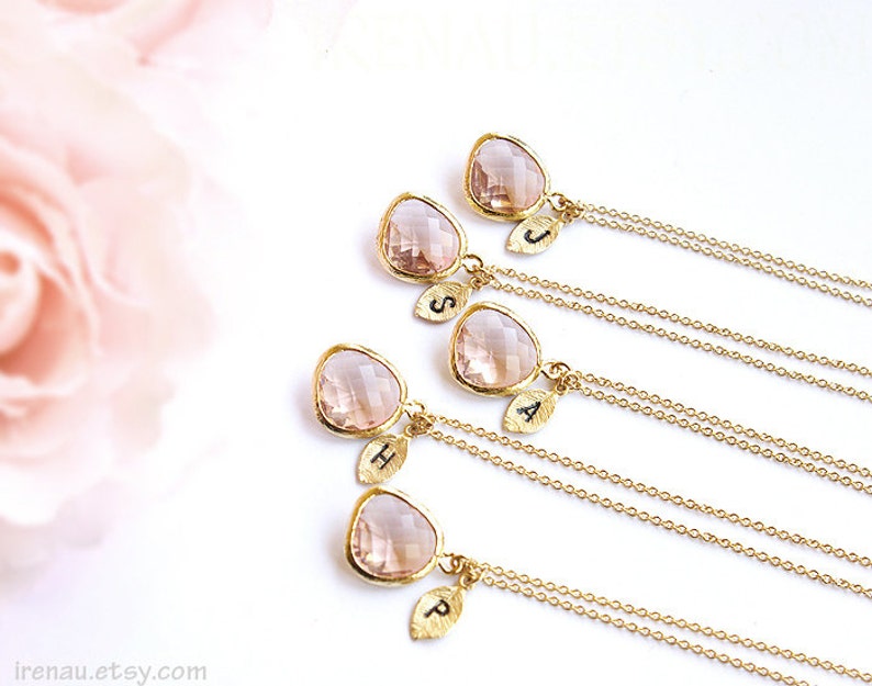 Bridesmaid gifts Set of 5 4 3 6 7 8 9 10 Personalized bridesmaid necklace Leaf initial, Gold Champagne necklace, Monogram peach pendant image 3