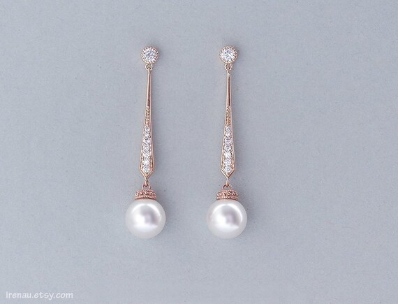 Bridal pearl earrings, Long rose gold earrings, CZ crystal wedding earrings, Dangle pearl earrings, Pearl drop earring Rose gold jewelry