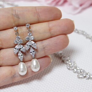 Bridal jewelry set, CZ Crystal bridal set, Wedding necklace and earrings set, Swarovski pearl Y necklace and dangle earrings Wedding jewelry image 4