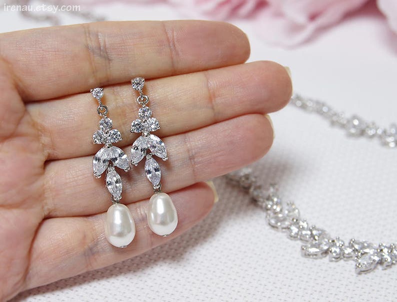 Bridal jewelry set, CZ Crystal bridal set, Wedding necklace and earrings set, Swarovski pearl Y necklace and dangle earrings Wedding jewelry image 4