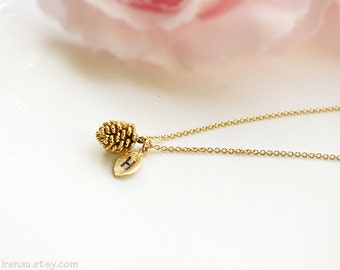 Gold Pine Cone Initial Necklace, Personalized Autumn Jewelry