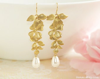 Gold bridal earrings, gold orchid earrings long dangle earrings bridal, White teardrop pearls earrings Gold wedding earrings Swarovski pearl