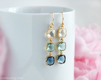 Ombre earrings, blue ombre earrings in gold, aqua blue, montana blue and clear crystal jewel earrings gold dangle earrings gold blue erinite