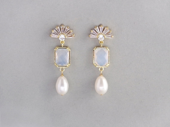 Art deco earrings, Gold fan earrings, Real pearl earrings, White opal drop earrings, Opalite bridal CZ earrings Art deco wedding, Boho studs