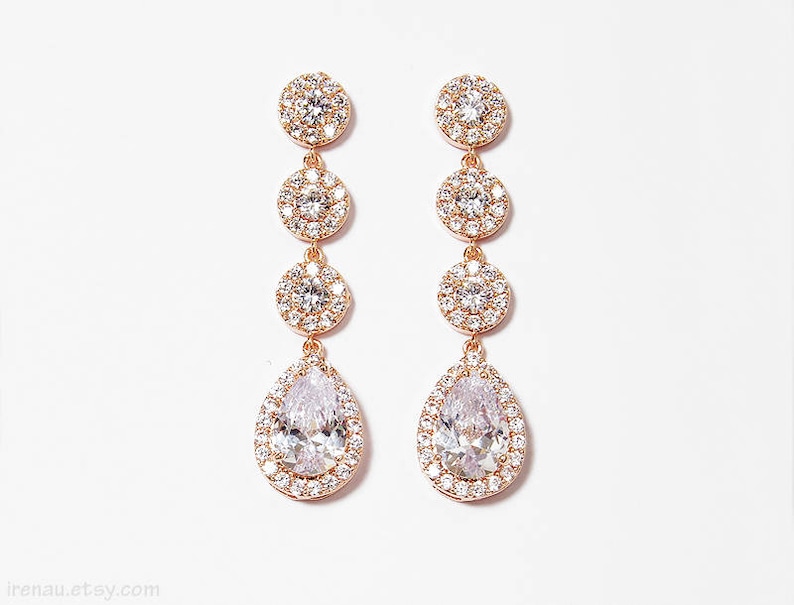 Rose gold crystal earrings, Long bridal earrings Teardrop wedding earrings Bridal jewelry CZ dangle teardrop earrings Cubic Zirconia crystal zdjęcie 1