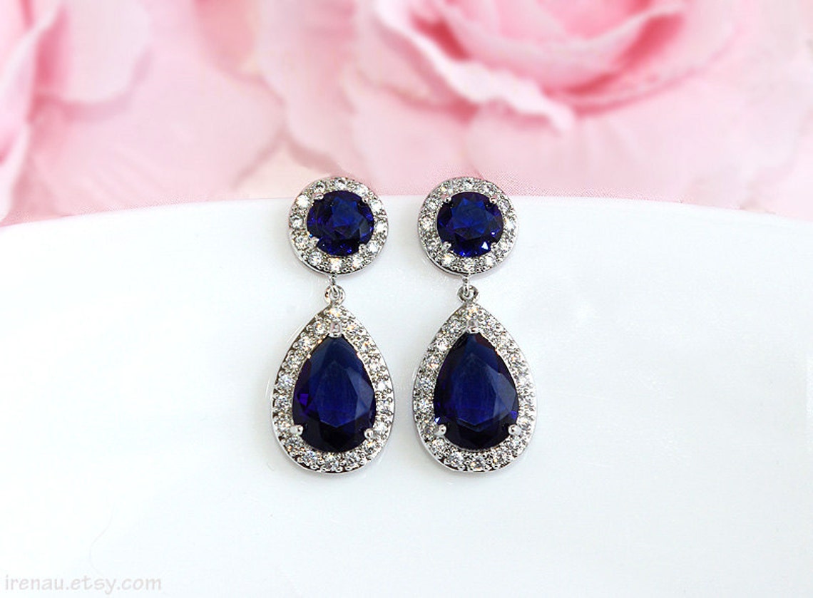 Blue Sapphire Earrings Blue Bridal Earrings Blue Zirconia - Etsy