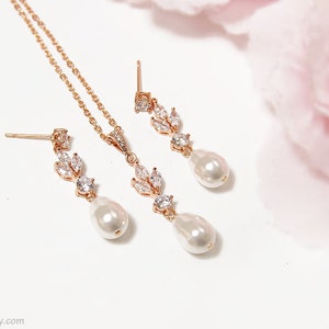 Bridal pearl jewelry set, Rose gold wedding earrings and necklace set, Crystal dangle post Swarovski teadrop pearl earrings image 7