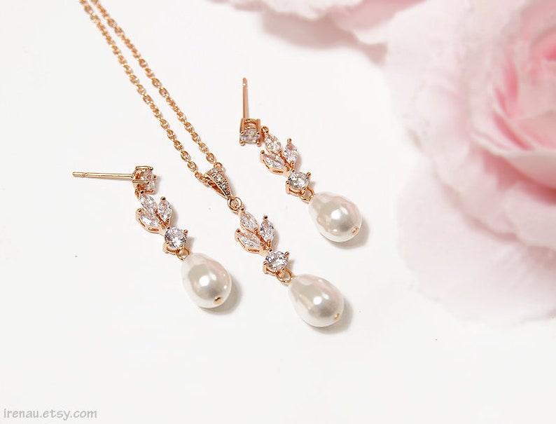 Bridal pearl jewelry set, Rose gold wedding earrings and necklace set, Crystal dangle post Swarovski teadrop pearl earrings image 7