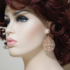 Rose gold earrings, Filigree modern earrings big lace, Large dangle earrings pink gold, Spanish style boho earrings Bridesmaid gift for her image 2