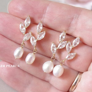 Bridal pearl earrings, Rose gold drop earrings, Crystal earrings, Wedding pearl earrings, Freshwater pearl drop earrings, Real pearl earring zdjęcie 8