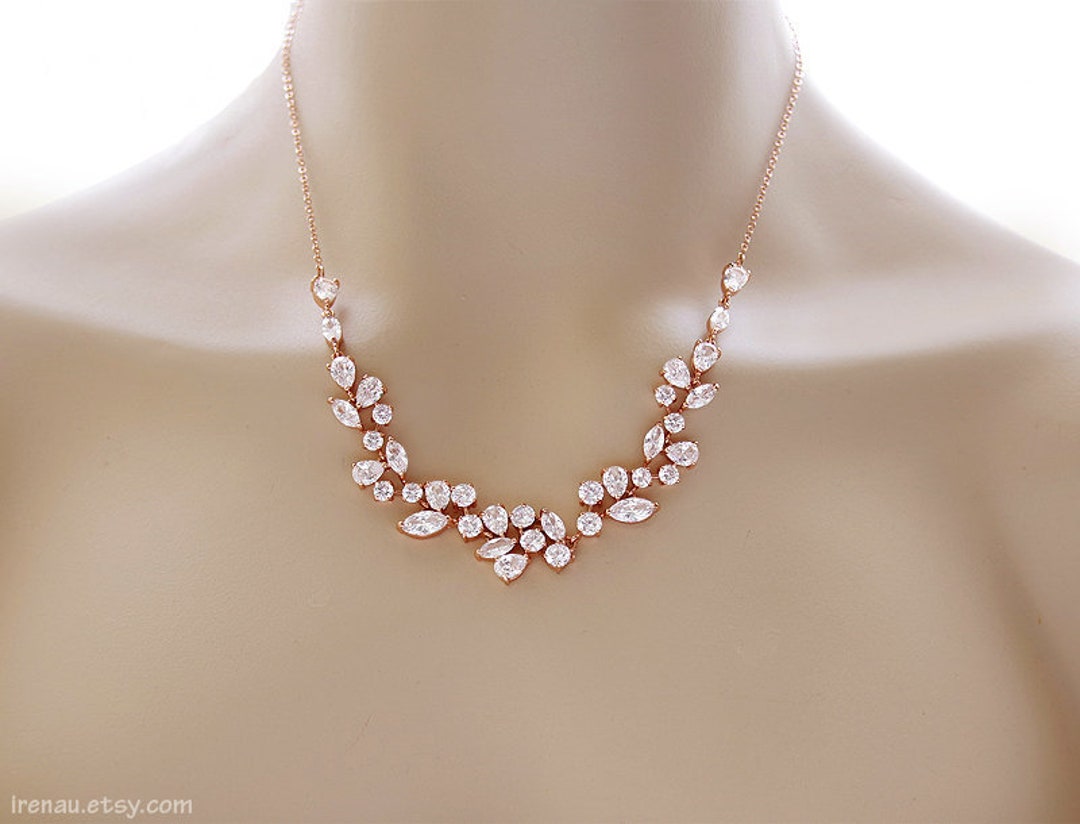 Rose Gold Bridal Necklace CZ Crystal Wedding Necklace - Etsy