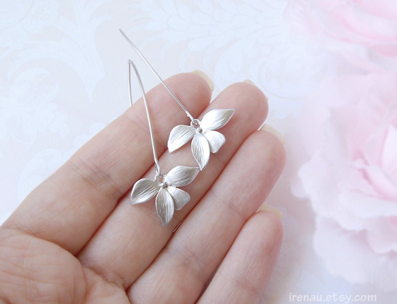 Silver orchid earrings, long dangle earrings, modern everyday earrings, matte silver flower earrings, silver bridal earrings girlfriend gift image 2