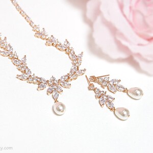 Rose gold bridal jewelry set, Wedding necklace and earrings set, CZ Crystal pearl bridal set, Y necklace and dangle earrings Wedding jewelry image 6