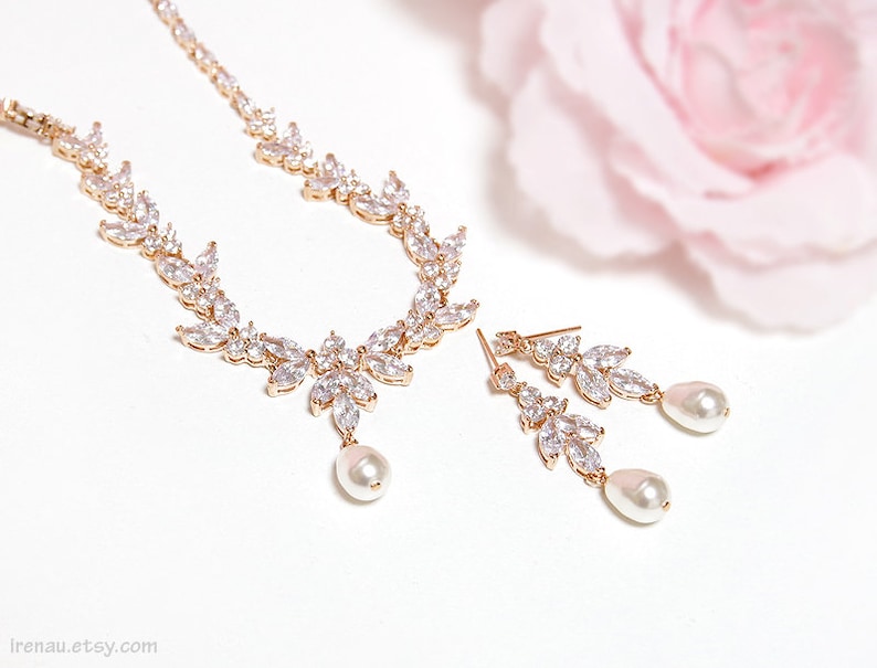 Rose gold bridal jewelry set, Wedding necklace and earrings set, CZ Crystal pearl bridal set, Y necklace and dangle earrings Wedding jewelry image 6