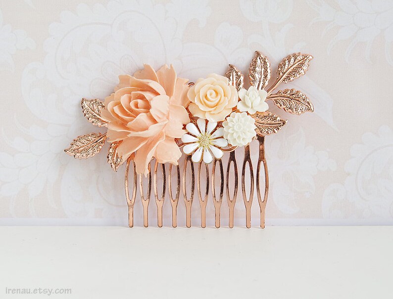 Rose gold hair comb, Bridal hair piece, Blush wedding comb, Ivory cream white soft pink flower bridal comb, Rose gold floral filigree comb image 1