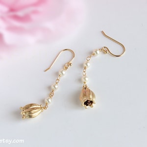 Lily of the Valley earrings, White pearl earrings, gold long dangle earrings, Lily of The Valley Flower, dainty everyday earrings