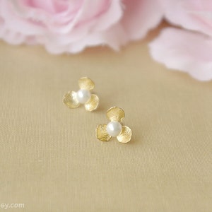 Gold stud earrings pearl gold earrings, Bridesmaid gift, pearl earrings stud, june birth stone, gold flower earrings post pearls image 5