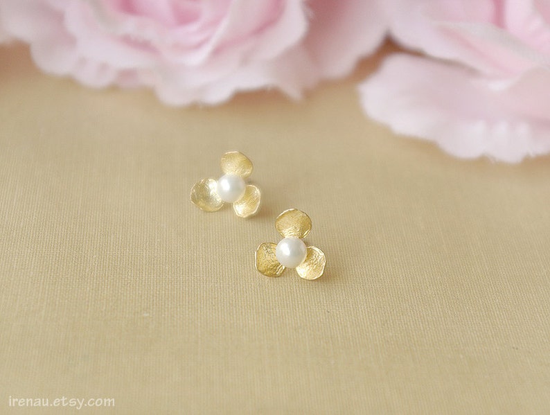 Gold stud earrings pearl gold earrings, Bridesmaid gift, pearl earrings stud, june birth stone, gold flower earrings post pearls image 5