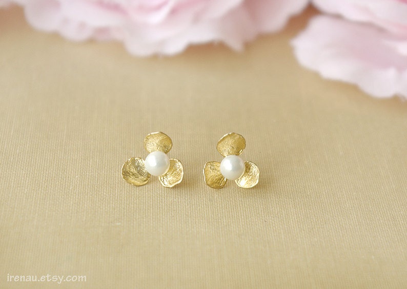 Gold stud earrings pearl gold earrings, Bridesmaid gift, pearl earrings stud, june birth stone, gold flower earrings post pearls image 2