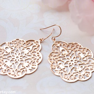 Rose gold earrings, Filigree modern earrings big lace, Large dangle earrings pink gold, Spanish style boho earrings Bridesmaid gift for her image 4