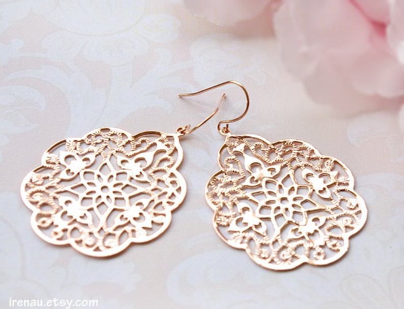 Rose gold earrings, Filigree modern earrings big lace, Large dangle earrings pink gold, Spanish style boho earrings Bridesmaid gift for her image 4