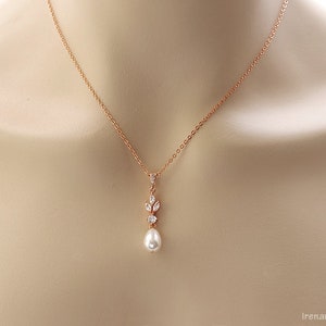 Conjunto de joyas de perlas nupciales, conjunto de collar y pendientes de boda de oro rosa, pendientes colgantes de perlas de cristal Swarovski imagen 6