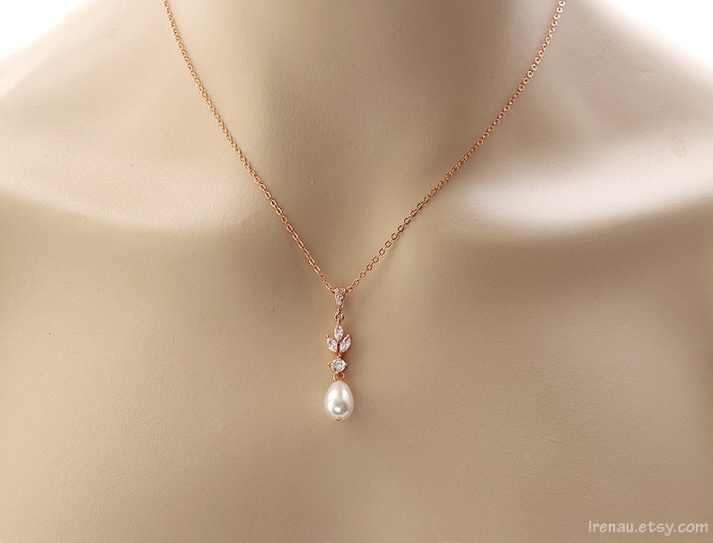 Bridal pearl jewelry set, Rose gold wedding earrings and necklace set, Crystal dangle post Swarovski teadrop pearl earrings image 6