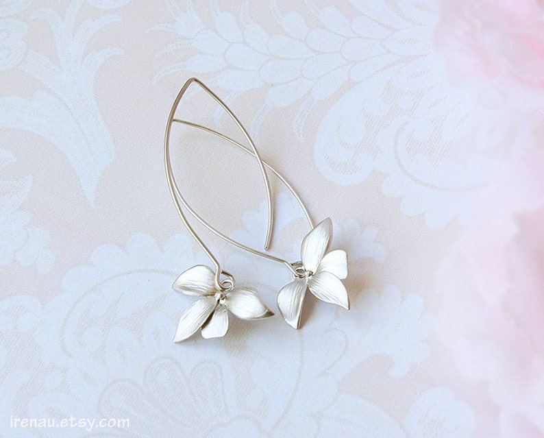 Silver orchid earrings, long dangle earrings, modern everyday earrings, matte silver flower earrings, silver bridal earrings girlfriend gift image 5