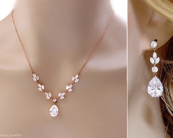 Set med Y-halsband och örhängen i kristall för brudparet, Elegant smyckeset i guld, silver och roséguld, CZ kubisk zirkonia med klara droppkristaller