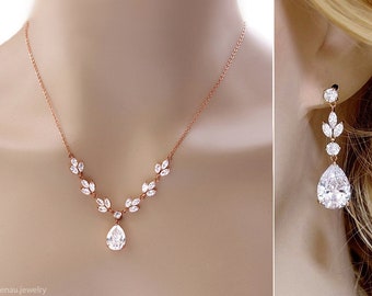 Kristall Braut Y Halskette und Ohrringe Set, Zierliche Gold, Silber, Rosegold Hochzeit Schmuck Set, CZ Cubic Zirkonia klare Kristall Tropfen